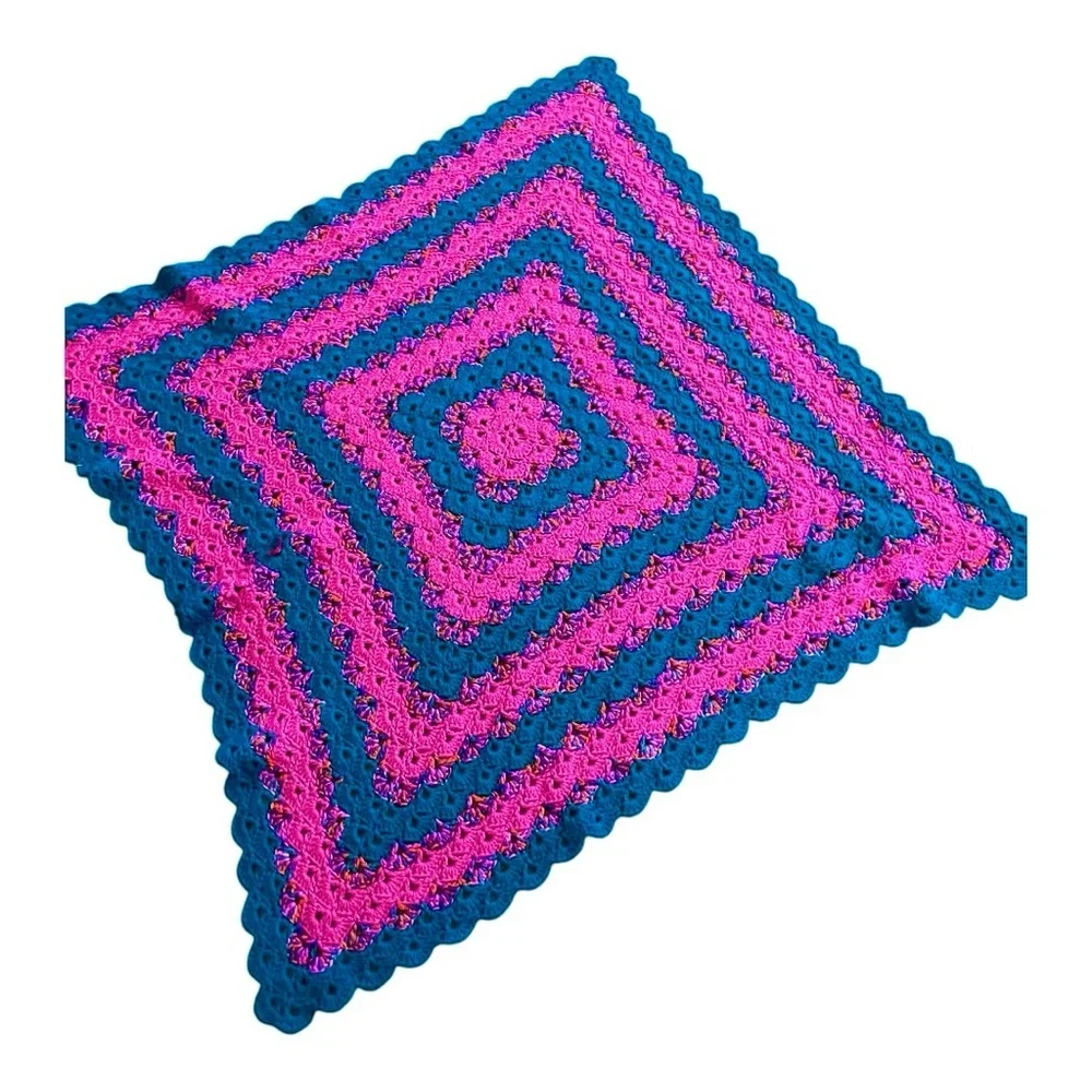 Handmade crocheted Afghan flowers and scalloped trim teal fuchsia unique granny